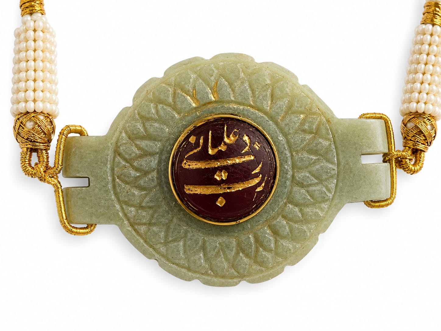 Mughal handmade islamic jade stone pendant studded with off white precious stone